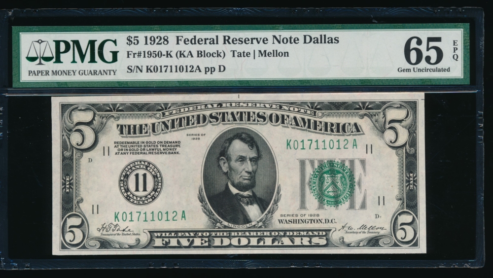 Fr. 1950-K 1928 $5  Federal Reserve Note Dallas PMG 65EPQ K01711012A