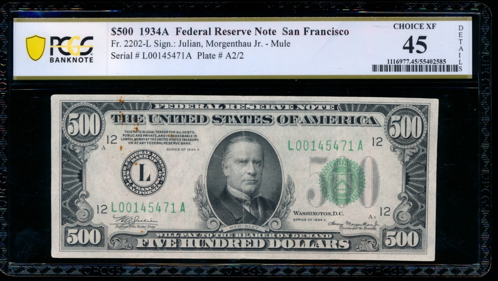 Fr. 2202-L 1934A $500  Federal Reserve Note San Francisco PCGS 45 details L00145471A