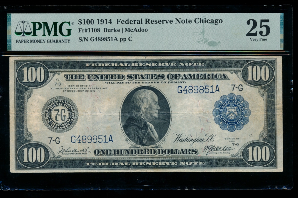 Fr. 1108 1914 $100  Federal Reserve Note Chicago PMG 25 G489851A