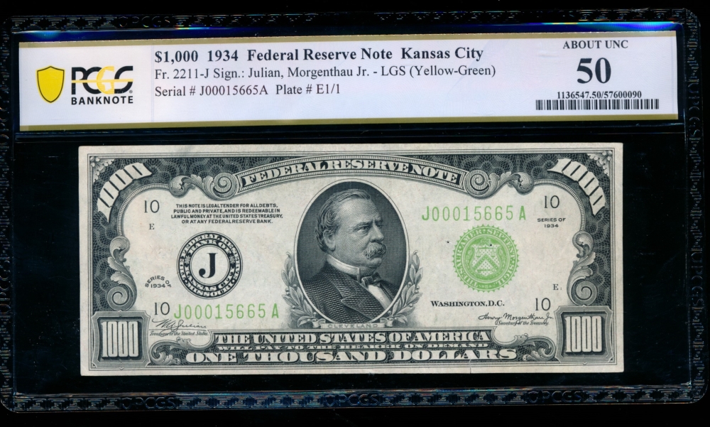 Fr. 2211-J 1934 $1,000  Federal Reserve Note Kansas City LGS PCGS 50 comment J00015665A