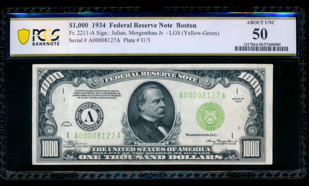 Fr. 2211-A 1934 $1,000  Federal Reserve Note Boston LGS PCGS 50 A00008127A