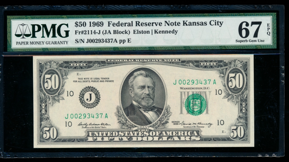 Fr. 2114-J 1969 $50  Federal Reserve Note Kansas City PMG 67EPQ J00293437A