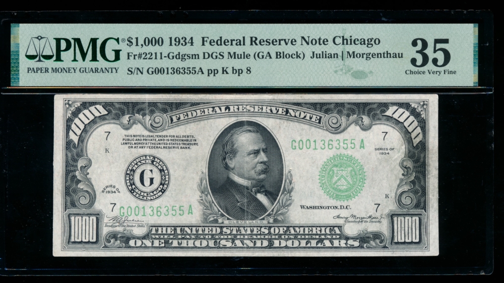Fr. 2211-G 1934 $1,000  Federal Reserve Note Chicago PMG 35 G00136355A
