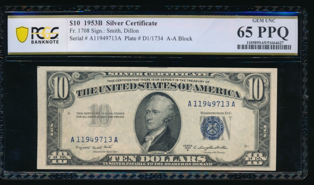 Fr. 1708 1953B $10  Silver Certificate AA block PCGS 65PPQ A11949713A
