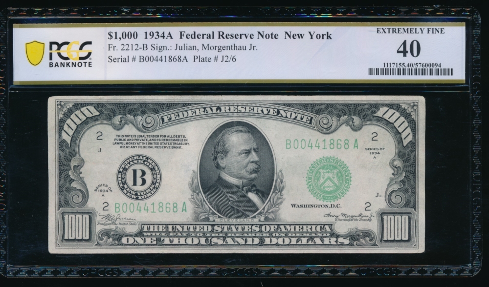Fr. 2212-B 1934A $1,000  Federal Reserve Note New York PCGS 40 B00441868A