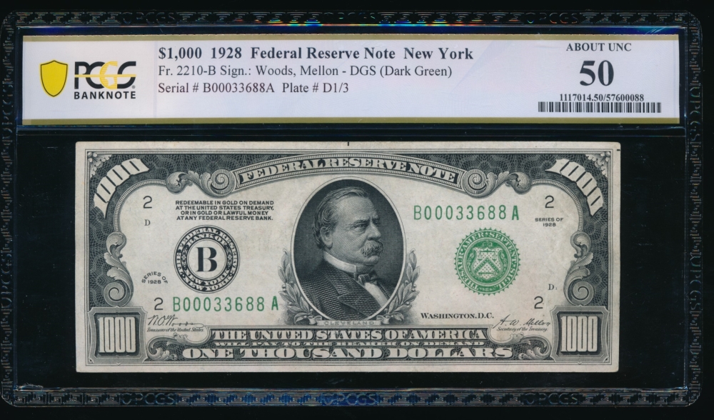 Fr. 2210-B 1928 $1,000  Federal Reserve Note New York PCGS 50 comment B00033688A