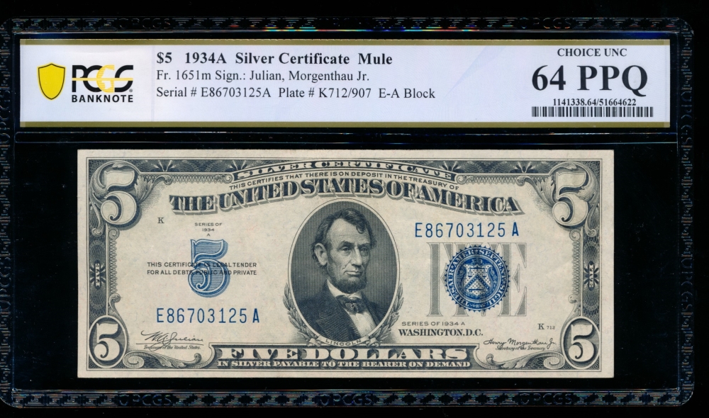 Fr. 1651 1934A $5  Silver Certificate EA block, mule PCGS 64PPQ E86703125A