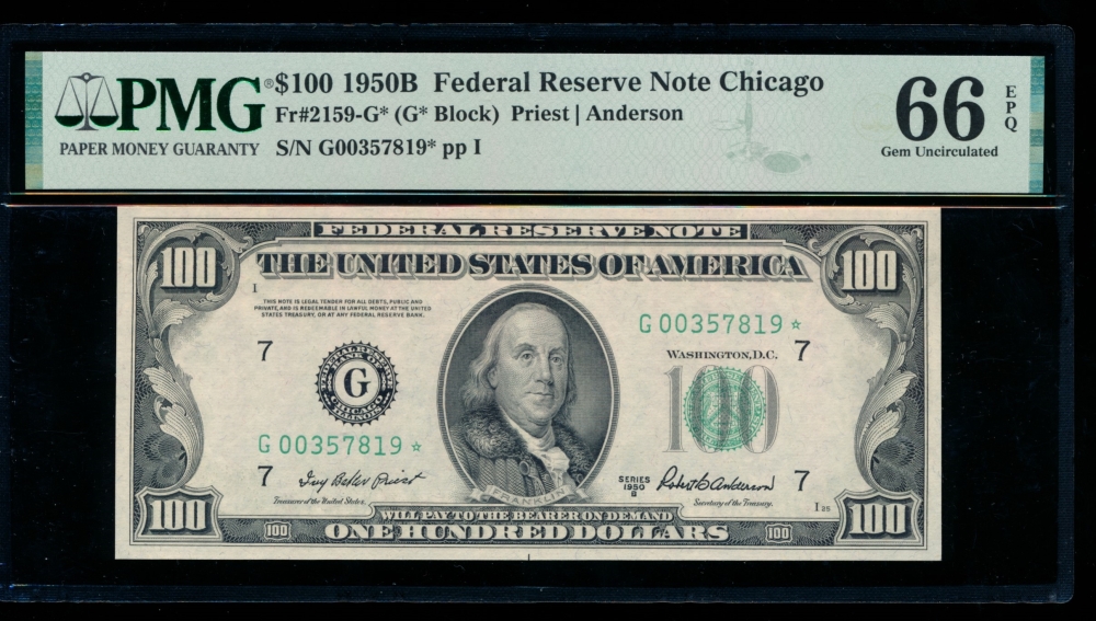 Fr. 2159-G 1950B $100  Federal Reserve Note Chicago star PMG 66EPQ G00357819*