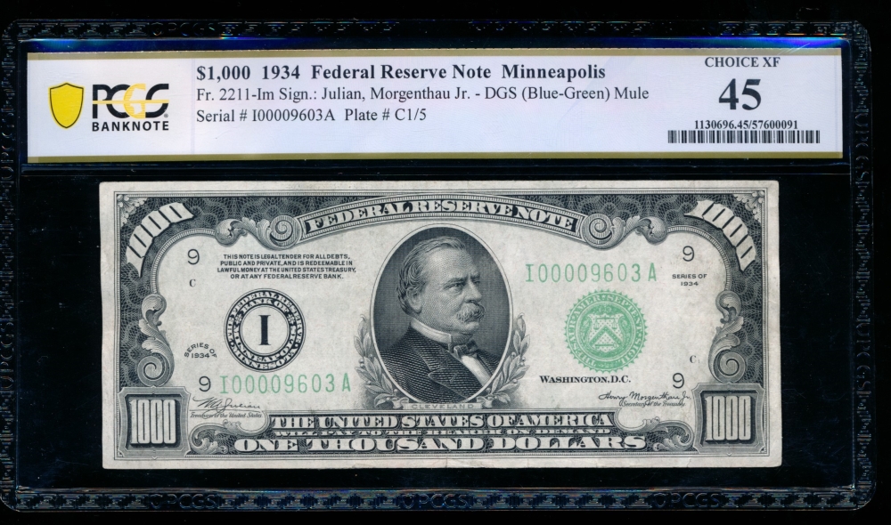 Fr. 2211-I 1934 $1,000  Federal Reserve Note Minneapolis PCGS 45 I00009603A