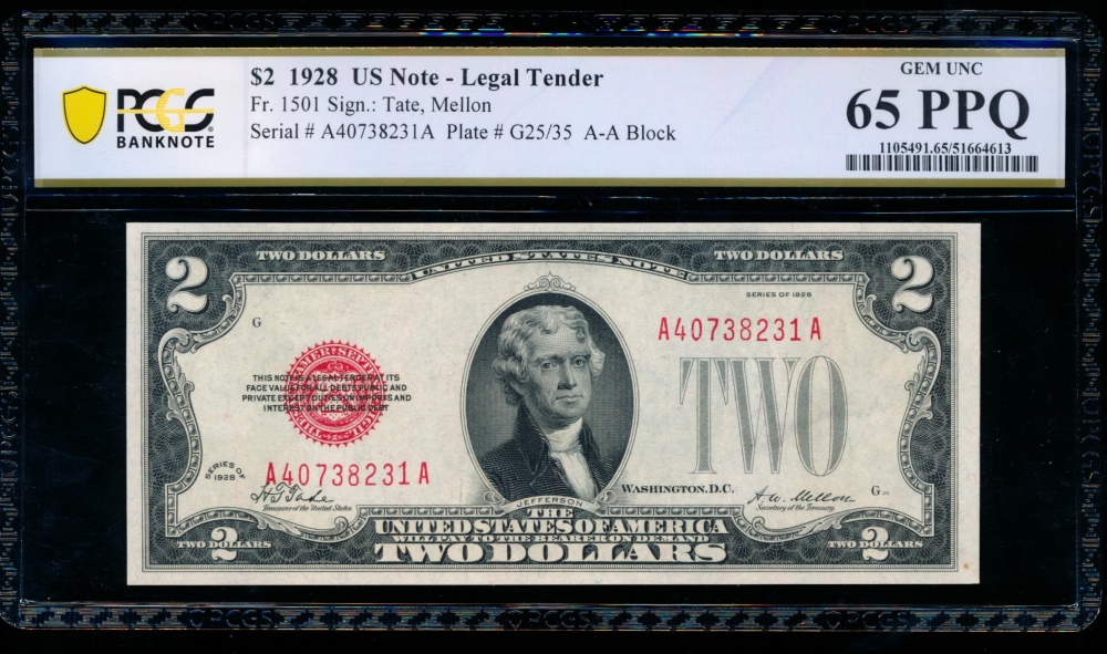 Fr. 1501 1928 $2  Legal Tender AA block PCGS 65PPQ A40738231A