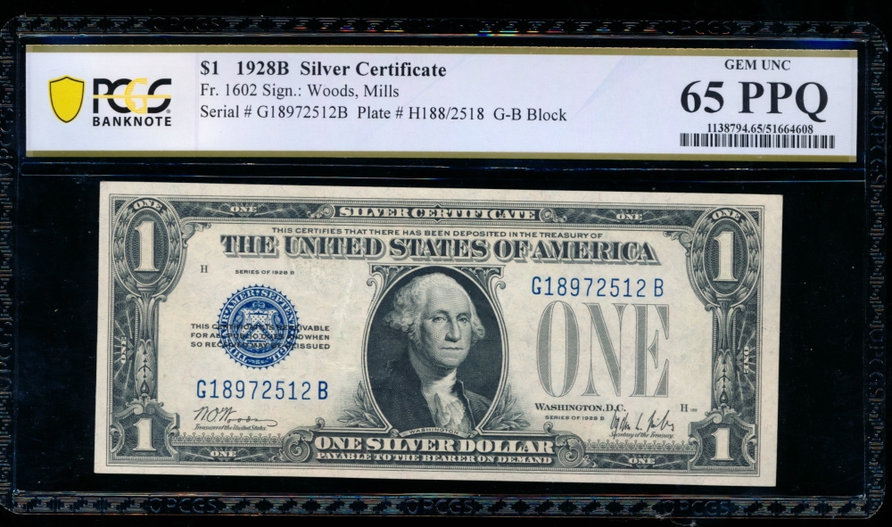 Fr. 1602 1928B $1  Silver Certificate GB block PCGS 65PPQ G18972512B