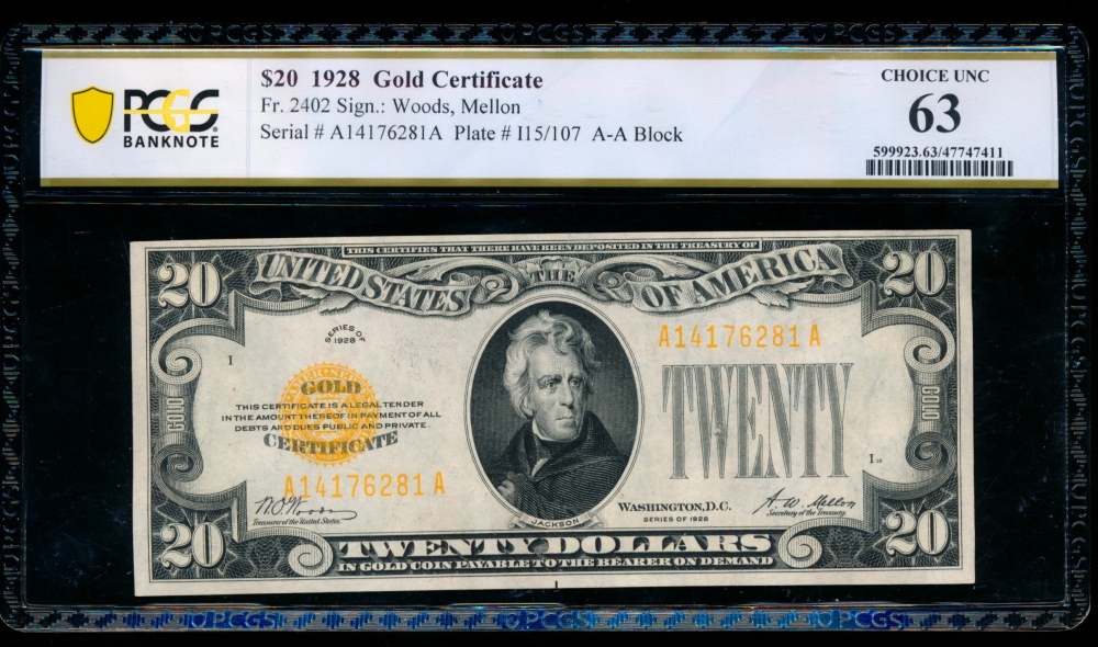 Fr. 2402 1928 $20  Gold Certificate  PCGS 63 A14176281A