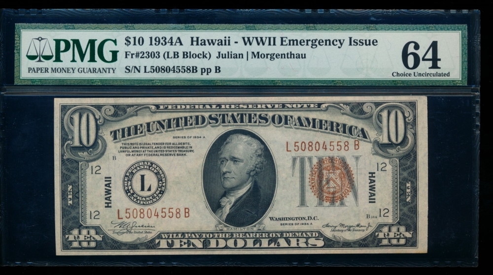 Fr. 2303 1934A $10  Hawaii  PMG 64 L50804558B