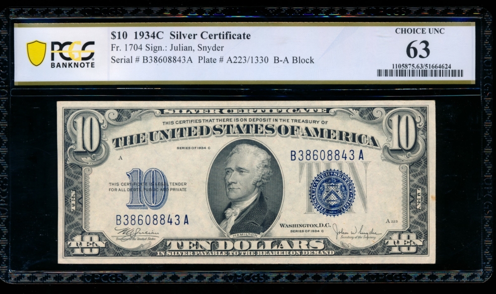 Fr. 1704 1934C $10  Silver Certificate BA block PCGS 63 B38608843A
