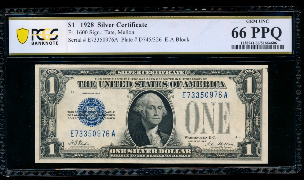 Fr. 1600 1928 $1  Silver Certificate EA block PCGS 66PPQ E73350976A