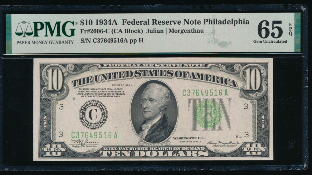 Fr. 2006-C 1934A $10  Federal Reserve Note Philadelphia PMG 65EPQ C37649516A