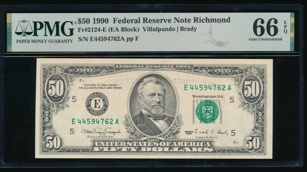 Fr. 2124-E 1990 $50  Federal Reserve Note Richmond PMG 66EPQ E44594762A