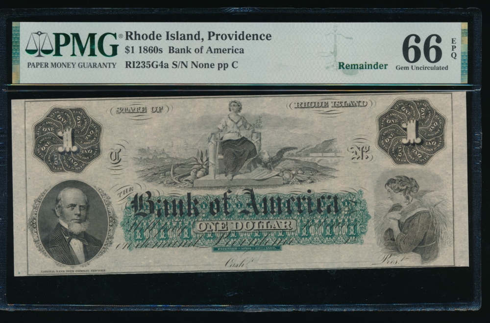 Fr. RI-235 G4a 1860s $1  Obsolete Bank of America, Rhode Island PMG 66EPQ no serial number