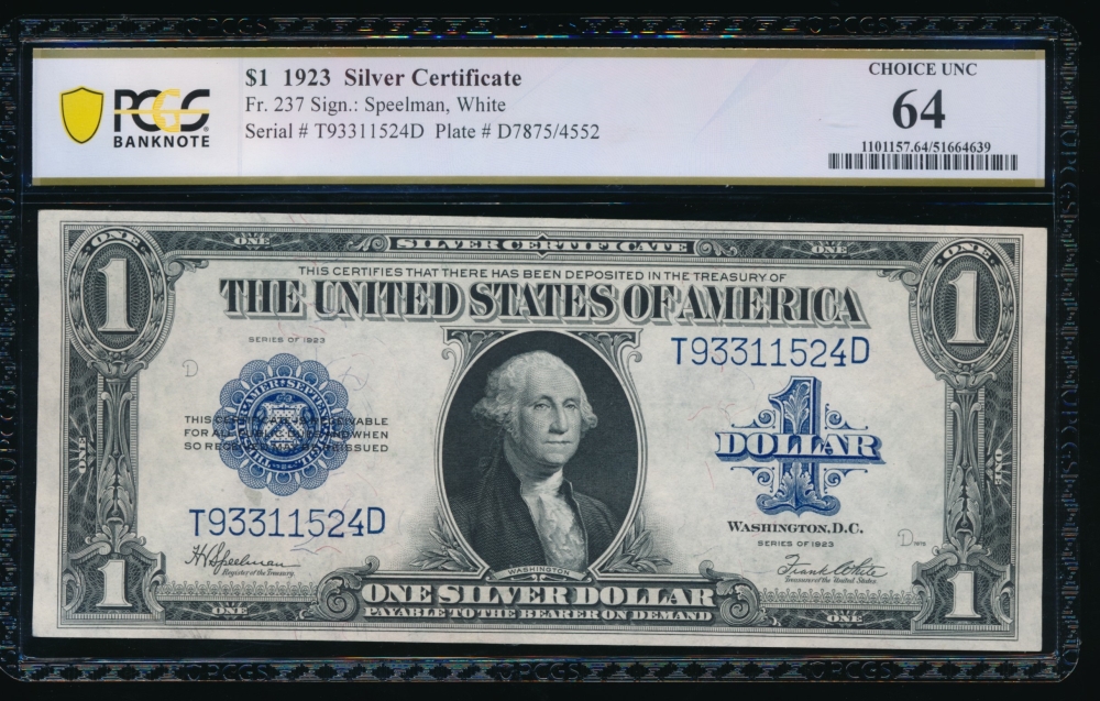Fr. 237 1923 $1  Silver Certificate TD block PCGS 64 T93311524D