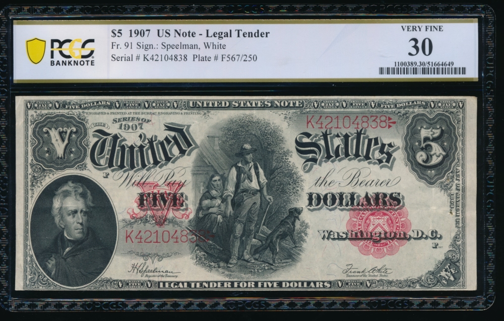 Fr. 91 1907 $5  Legal Tender  PCGS 30 K42104838