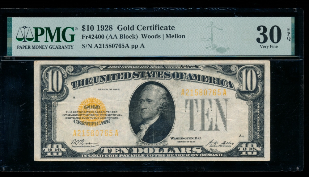 Fr. 2400 1928 $10  Gold Certificate AA block PMG 30EPQ A21580765A