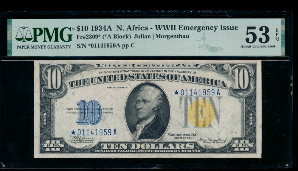 Fr. 2309 1934A $10  North Africa *A block PMG 53EPQ *01141959A