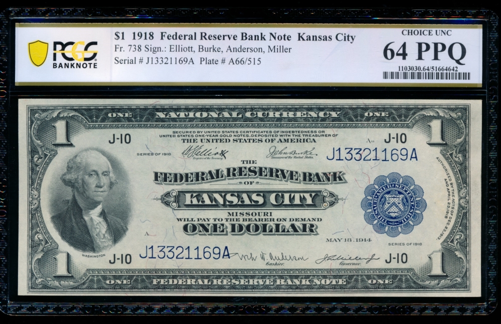 Fr. 738 1918 $1  FRBN Kansas City PCGS 64PPQ J13321169A