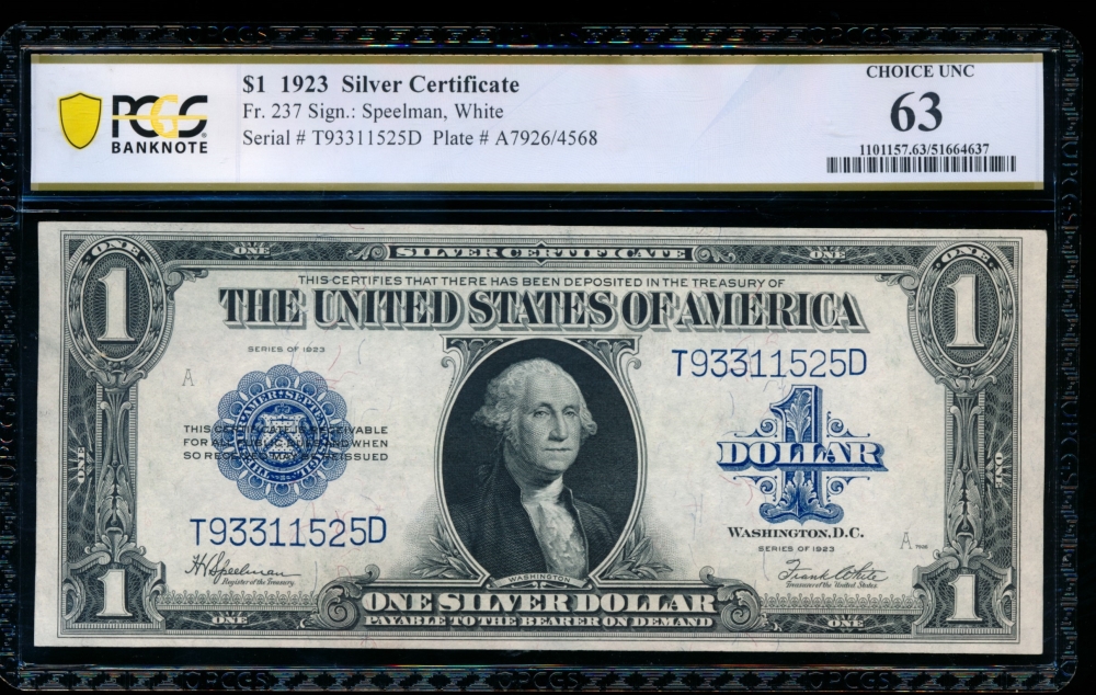 Fr. 237 1923 $1  Silver Certificate TD block PCGS 63 T93311525D