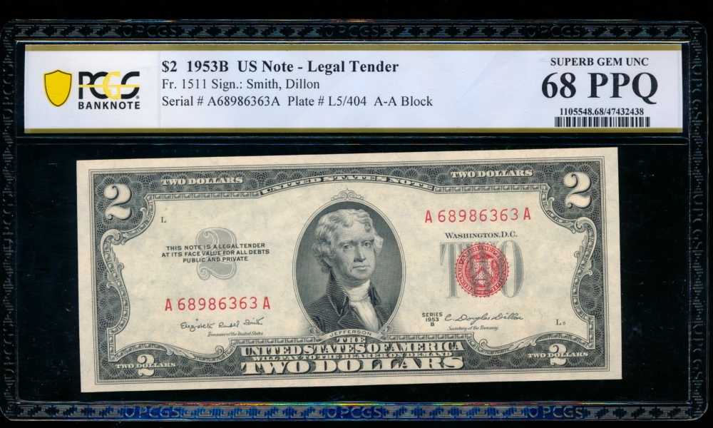 Fr. 1511 1953B $2  Legal Tender AA block PCGS 68PPQ A68986363A
