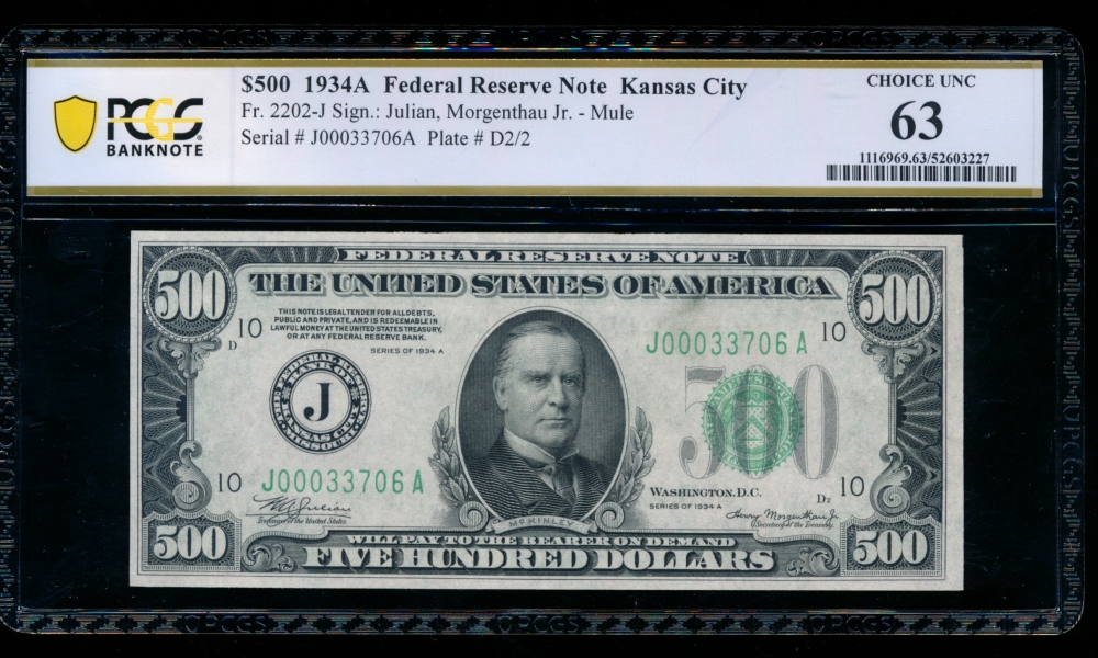 Fr. 2202-J 1934A $500  Federal Reserve Note Kansas City PCGS 63 J00033706A