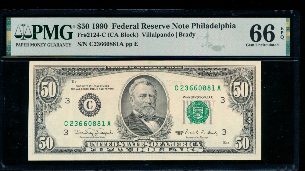 Fr. 2124-C 1990 $50  Federal Reserve Note Philadelphia PMG 66EPQ C23660881A