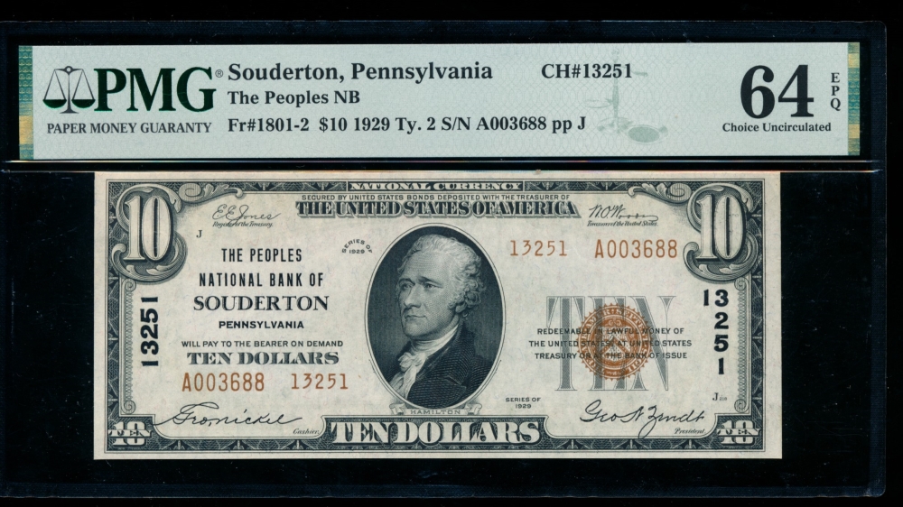 Fr. 1801-2 1929 $10  National: Type II Ch #13251 The Peoples National Bank of Souderton, Pennsylvania PMG 64EPQ A003688