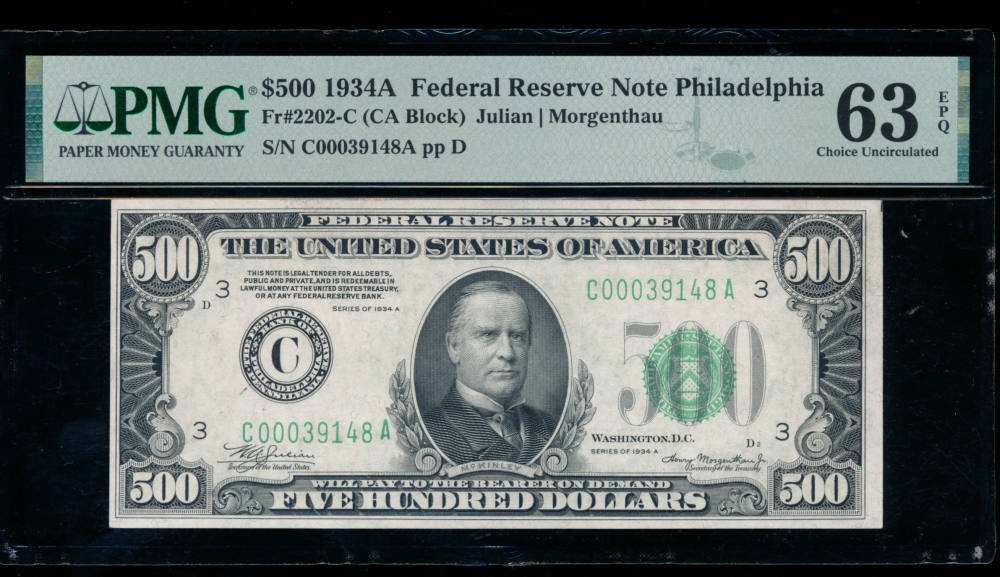 Fr. 2202-C 1934A $500  Federal Reserve Note Philadelphia PMG 63EPQ C00039148A