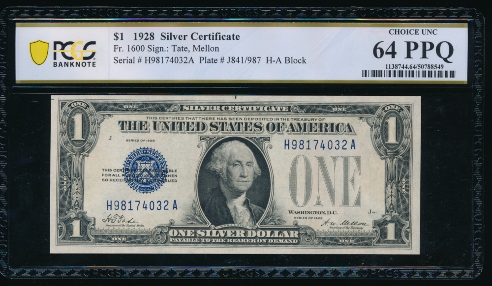 Fr. 1600 1928 $1  Silver Certificate HA block PCGS 64PPQ H98174032A