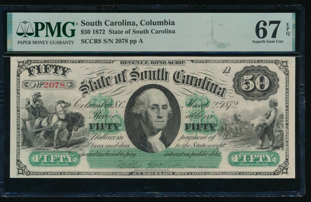 Fr. Cr SC-8 1872 $50  Obsolete State of South Carolina, Columbia, SC PMG 67EPQ 2078