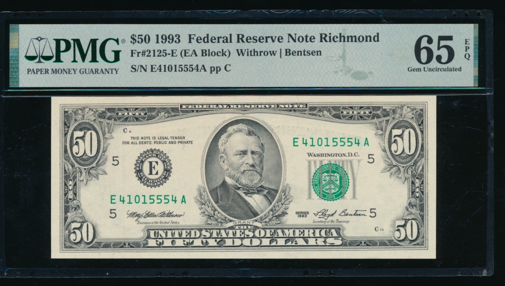 Fr. 2125-E 1993 $50  Federal Reserve Note Richmond PMG 65EPQ E41015554A