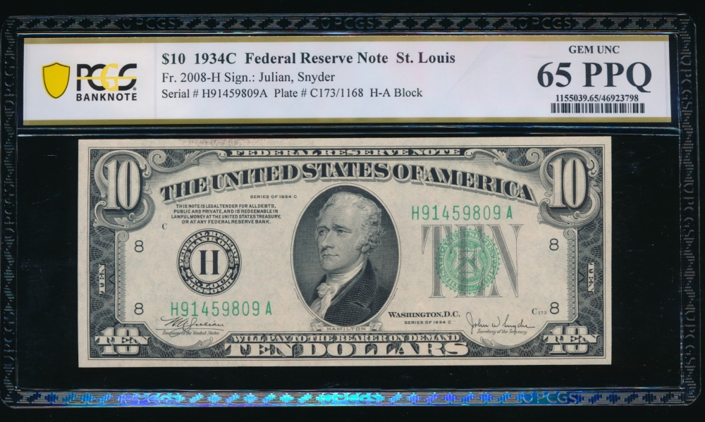 Fr. 2008-H 1934C $10  Federal Reserve Note Saint Louis PCGS 65PPQ H91459809A