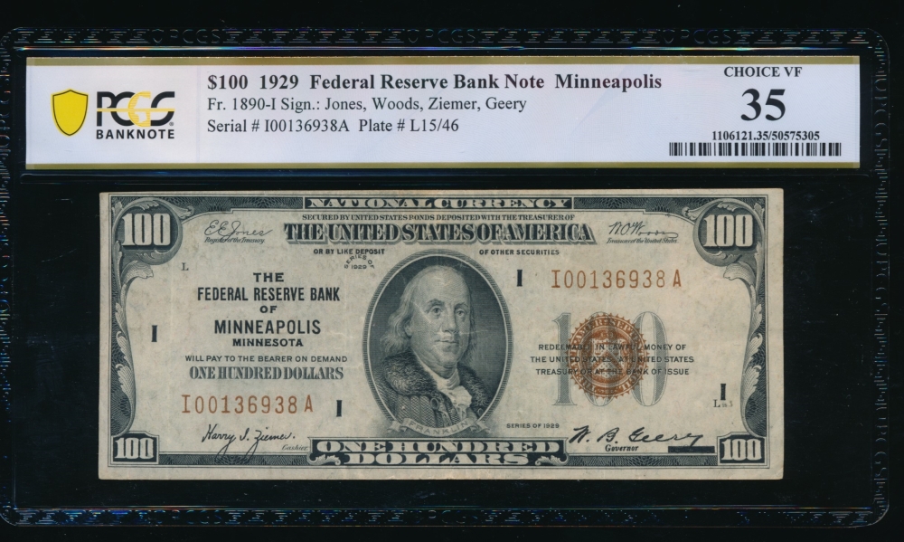 Fr. 1890-I 1929 $100  FRBN Minneapolis PCGS 35 I00136938A