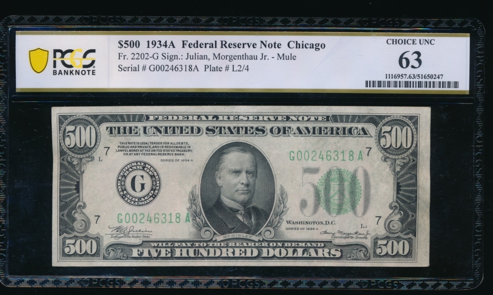 Fr. 2202-G 1934A $500  Federal Reserve Note Chicago PCGS 63 G00246318A