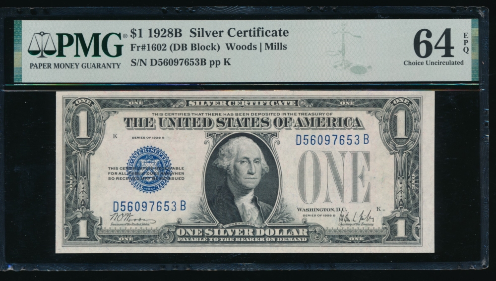 Fr. 1602 1928B $1  Silver Certificate DB block PMG 64EPQ D56097653B