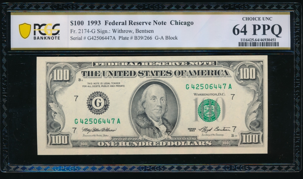 Fr. 2174-G 1993 $100  Federal Reserve Note Chicago PCGS 64PPQ G42506447A