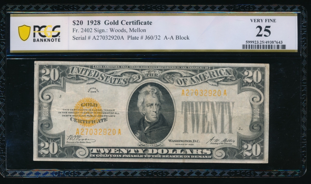 Fr. 2402 1928 $20  Gold Certificate  PCGS 25 A27032920A