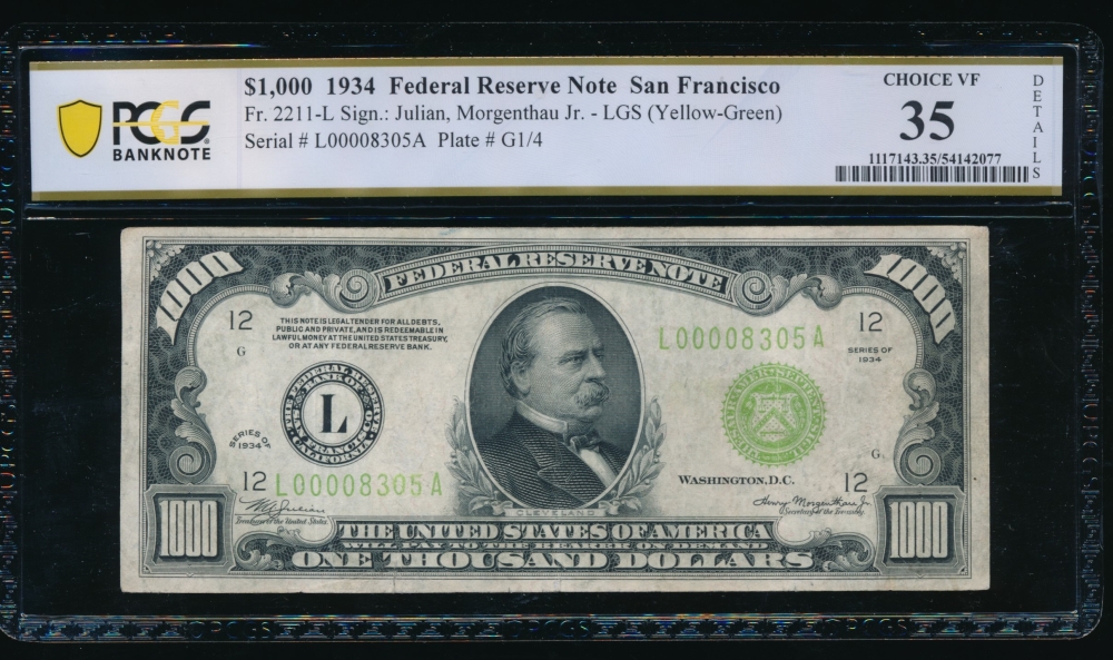 Fr. 2211-L 1934 $1,000  Federal Reserve Note San Francisco LGS PCGS 35 details L00008350A