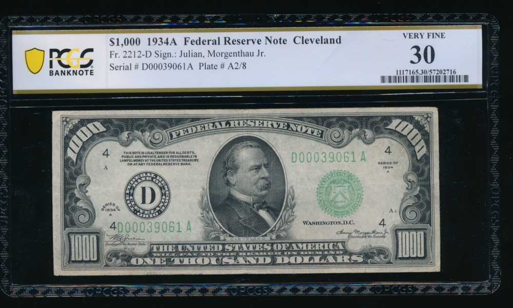 Fr. 2212-D 1934A $1,000  Federal Reserve Note Cleveland PCGS 30 D00039061A
