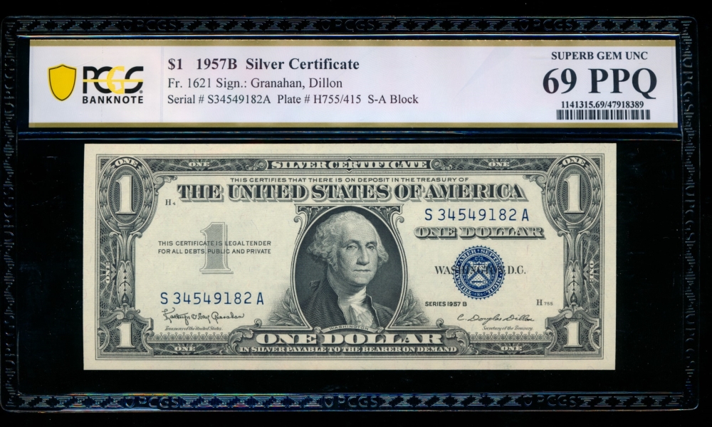 Fr. 1621 1957B $1  Silver Certificate SA block PCGS 69PPQ S34549182A