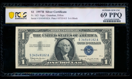 Fr. 1621 1957B $1  Silver Certificate SA block PCGS 69PPQ S34549182A