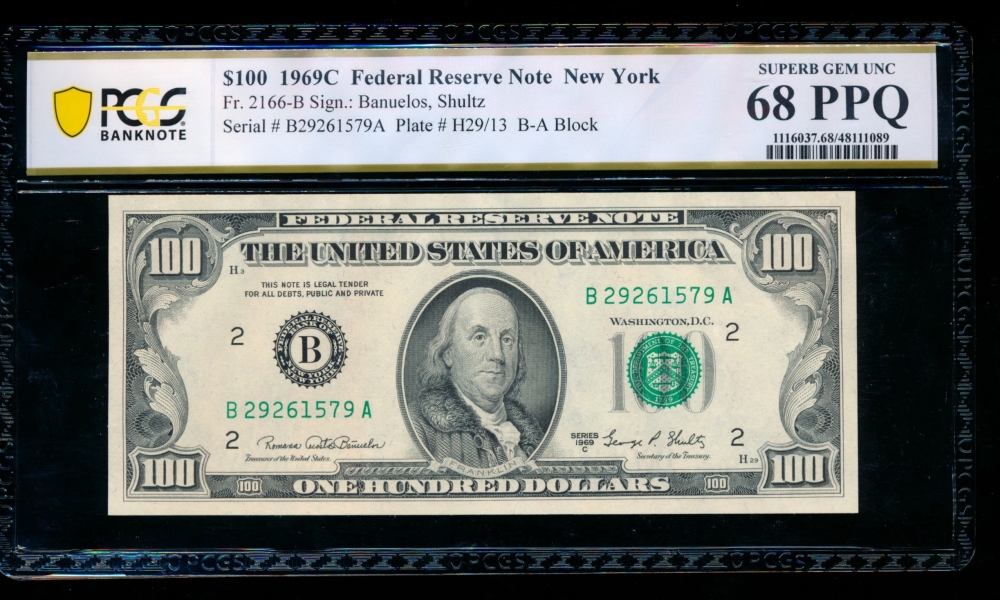 Fr. 2166-B 1969C $100  Federal Reserve Note New York PCGS 68PPQ B27261579A