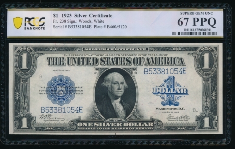 Fr. 238 1923 $1  Silver Certificate BE block PCGS 67PPQ B53381054E