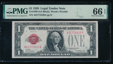 Fr. 1500 1928 $1  Legal Tender  PMG 66EPQ A01775530A