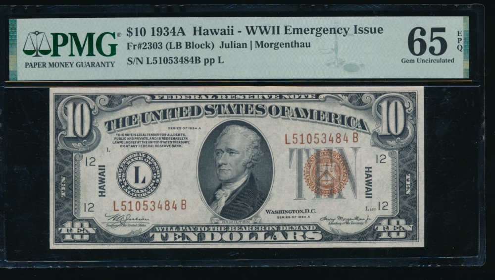 Fr. 2303 1934A $10  Hawaii  PMG 65EPQ L51053484B